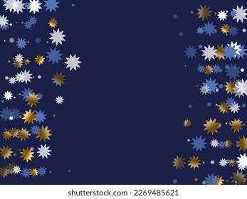 Random Christmas star holiday background illustration. Gold blue white sparkle decoration. Poster snowflake background. Christmas star symbol elements. Sky random decor.