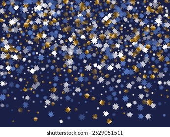 Random Christmas star holiday pattern illustration. Gold blue white shiny decoration. Poster snowflake background. Christmas star icon shimmer. Winter seasonal decor.