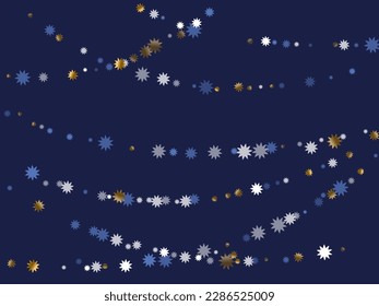 Random Christmas star vector pattern graphic design. Gold blue white sparkle decoration. Banner stardust backdrop. Christmas star icon glitter. Twinkling modern decor.