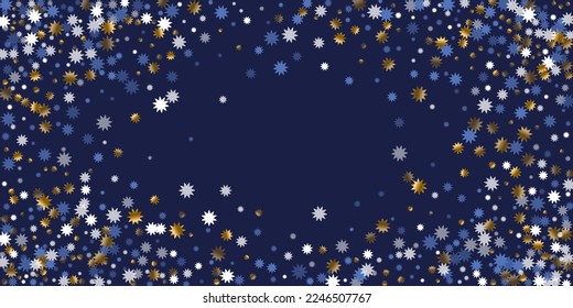 Random Christmas star vector scatter illustration. Gold blue white twinkle confetti. Banner starburst background. Christmas star icon shimmer. Winter bright explosion.