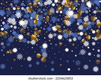 Random Christmas star vector scatter illustration. Gold blue white twinkle decoration. Banner snowflake pattern. Christmas star doodle glitter. Xmas magic wallpaper.