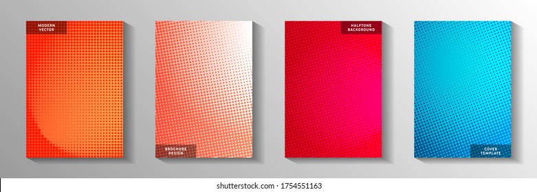 Random circle faded screen tone title page templates vector set. Industrial magazine perforated screen tone patterns. Retro manga comics style cover layouts. Rectangle albums.
