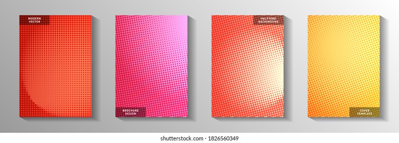 Conjunto de vectores de plantillas de portadas de tonos de pantalla atenuados de círculo aleatorio. Folleto corporativo con fondo de pantalla perforada. Diseños de páginas de títulos de estilo de historietas antiguas. Diseño lineal.