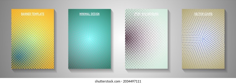 Random circle perforated halftone cover page templates vector series. Geometric booklet faded halftone backdrops. Vintage cartoon comics style cover leaflets. Round pixels.