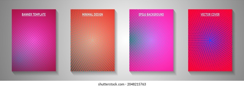 Random circle perforated halftone cover templates vector set. Industrial journal faded halftone backdrops. Vintage manga comics style front page layouts. Optical effects.