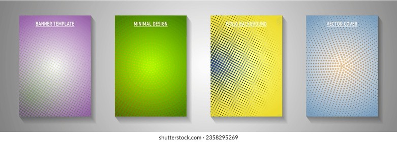 Random circle perforated halftone title page templates vector kit. Corporate journal faded halftone backdrops. Vintage manga comics style cover page layouts. Rectangle folders.