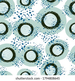 Random circle spot shapes seamless pattern. Blue and black figures on white background with splashes. Perfect for wallpaper, textile, wrapping paper, fabric print. Vector illustration.