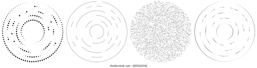 Círculos aleatorios, puntos, especkles y pecas de elemento concéntrico, circular y radial. Círculos puntillistas, punintillistas aleatorios de medio tono