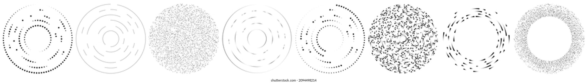 Random circles, dots, speckles and freckles concentric, circular and radial element. Pointillist, pointillism random halftone circles