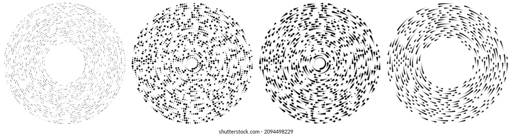 Random-Kreise, Punkte, Falten und Sommersprossen, konzentrisch, kreisförmig und radial. Pointillistische, Pointillismus zufällige Halftonkreise
