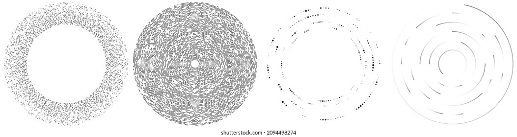 Random circles, dots, speckles and freckles concentric, circular and radial element. Pointillist, pointillism random halftone circles