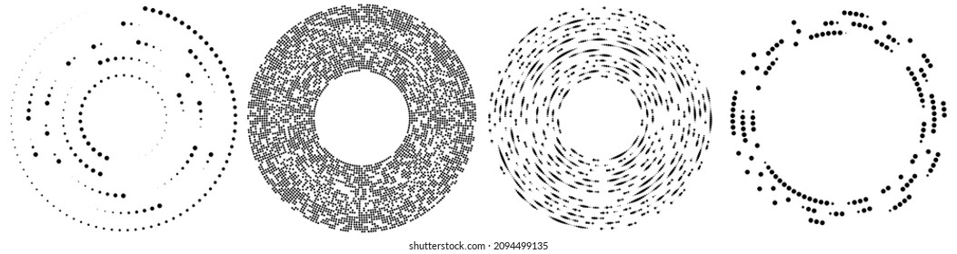 Random circles, dots, speckles and freckles concentric, circular and radial element. Pointillist, pointillism random halftone circles