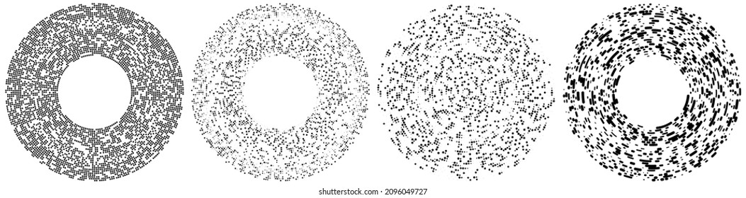 Círculos aleatorios, puntos, especkles y pecas de elemento concéntrico, circular y radial. Círculos puntillistas, punintillistas aleatorios de medio tono