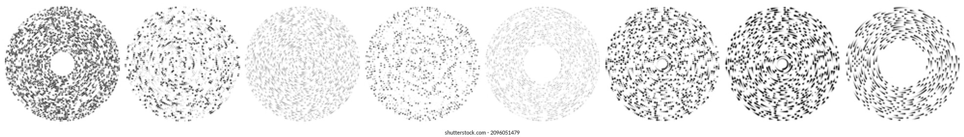 Círculos aleatorios, puntos, especkles y pecas de elemento concéntrico, circular y radial. Círculos puntillistas, punintillistas aleatorios de medio tono