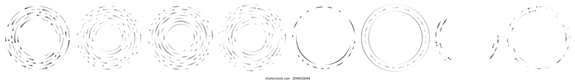 Círculos aleatorios, puntos, especkles y pecas de elemento concéntrico, circular y radial. Círculos puntillistas, punintillistas aleatorios de medio tono