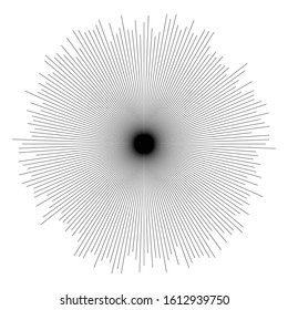 Random circular lines starburst, sunburst element. Converging radial, radiating spokes, stripes. Concentric rays, beams. Fireworks, explosion, sparkle trail lines