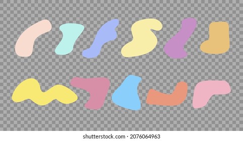 Formas de color aleatorias establecidas en un fondo transparente. Colores pasteles. Siluetas de manchas. Ilustración de vectores dibujada a mano