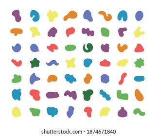 Random colored blotch, inkblot. Organic irregular shapes, Drop of liquid set. Blob blot silhouette icons. Speck distorted rounding formes. Vector.