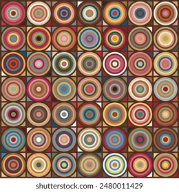 Random colored concentric circles evenly distributed on encompassing square backgrounds in strict grid pattern, separated by dark brown grid lines