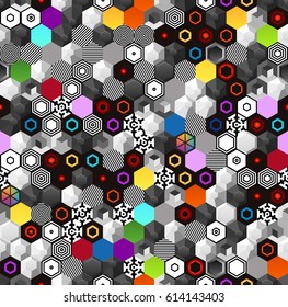 Random Colorful Hexagons Seamless Pattern. Hipster Fashion Geometric Design. Vector Illustration.