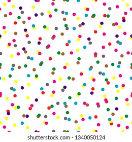 Random colorful polka dots seamless pattern white background. Rainbow flying confetti repeat pattern. Great for invitation party, kids fabric, baby textile, wrapping, and wallpaper.