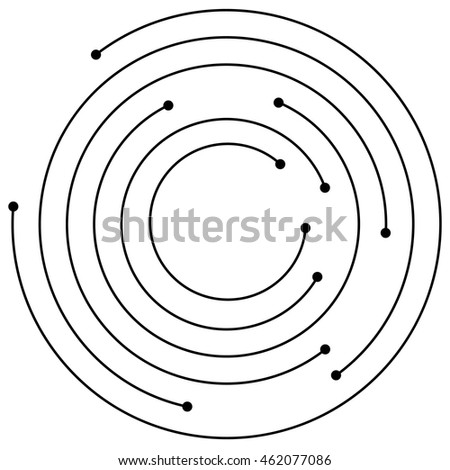 Random concentric circles with dots. Circular, spiral design element.