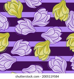 Random contoured magnolia flowers elements seamless pattern. Purple striped background. Simple style. Flat vector print for textile, fabric, giftwrap, wallpapers. Endless illustration.