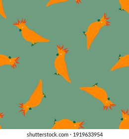 Random contrast seamless pattern with bright orange cockatoo parrot silhouettes. Turquoise background. Flat vector print for textile, fabric, giftwrap, wallpapers. Endless illustration.