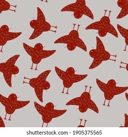 Random contrast seamless pattern with maroon flying birds ornament. Light blue background. Vector illustration for seasonal textile prints, fabric, banners, backdrops and wallpapers.