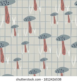 Random creative forest mushroom seamless pattern. Brown and blue colored fungus elements on grey background with check. For wallpaper, textile, wrapping paper, fabric print. Vector illustration.