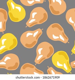 Random creative seamless pattern with nature pear shapes. Orange and yellow silhouettes on grey background. Graphic design for wrapping paper and fabric textures. Vector Illustration.