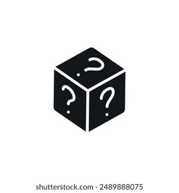 Random. Cube with question marks simple glyph icon. Vector solid isolated black illustration.