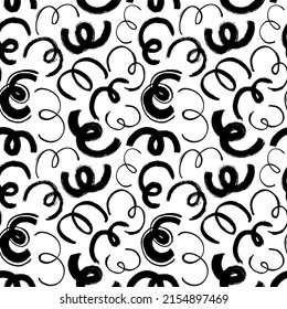 Random curved lines and wavy brushstrokes. Black paint curl brush strokes vector seamless pattern. Calligraphy smears, swirled stamps. Bold and thin doodle lines. Geometric abstract ink background.