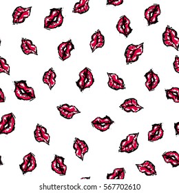 Random cute seamless pattern. Color vector romantic background. Illustration with lips. Valentines day theme. Isolated elements.