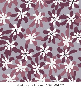 Random daisy print seamlless pattern with purple flower silhouettes. Ditsy backdrop. Vector illustration for seasonal textile prints, fabric, banners, backdrops and wallpapers.