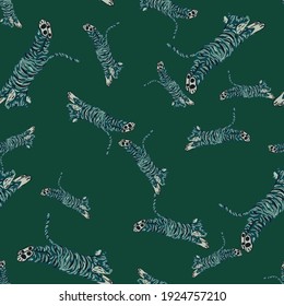 Random dark seamless pattern with cartoon blue tiger elements. Green background. Mammal backdrop. Flat vector print for textile, fabric, giftwrap, wallpapers. Endless illustration.