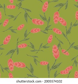 Random decorative seamless pattern with pink ear of wheat elements print. Green background. Plants print. Graphic design for wrapping paper and fabric textures. Vector Illustration.