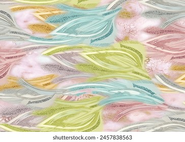 random designs of various colors of bird feathers for children's books or textile printing