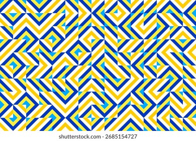 Random diagonal particles, Blue yellow chevron zigzags, diamonds, and optical illusion, seamless geometric vector pattern . Bold abstract design background, fabric, wallpaper, cover design