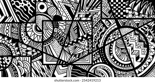 Random doodle black and white line art background illustration