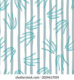 Random doodle grasss seamless pattern on stripe background. Nature organic botanical wallpaper. Design for fabric, textile print, wrapping, cover. Simple vector illustration.