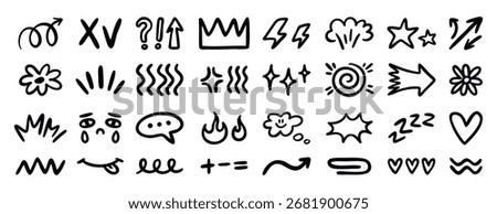 Random doodle icons monochrome line art with hearts arrows checks and tears, hand drawn. Vector illustration.