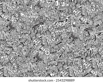 Random doodle line art illustration for background  with Thailand wording theme concept design no color