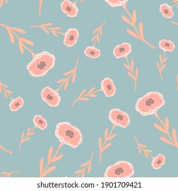 El doodle aleatorio de flores rosadas es un patrón sin fisuras dibujado a mano. Fondo azul pastel. Impresión vectorial plana para textiles, tela, giftwrap, papel pintado. Ilustración sin fin.