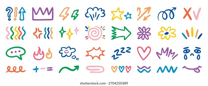 Iconos Pequeños del doodle al azar con los cheques y las lágrimas de las flechas de los corazones, dibujados a mano. Ilustración vectorial.