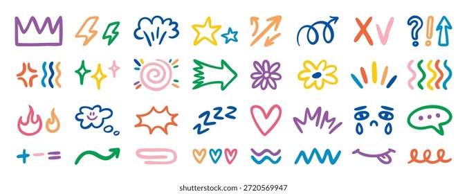 Zufällige doodle kleine Symbole mit Herzen Pfeile Kontrollen und Tränen, handgezeichnet. Vektorgrafik.