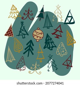 Random doodle style christmas trees vector illustration on the dark blue spot. Yellow, blue, grey, red cartoon style trees. Funny shaped elements. Simple winter colors. Holiday mood gift card.