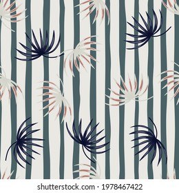Random doodle tropic leaves ornament seamless pattern in hand drawn style. Striped background. Simple style. Designed for fabric design, textile print, wrapping, cover. Vector illustration.