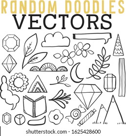 Random doodles including leaves, diamonds, clouds, intricate objects, and mountains