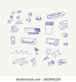 Random doodles of things like burger, junk food, shell, tree, waves, boot, etc.